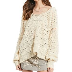 Free People Cream Wool Blend Open-Weave Off-the-Shoulder Sweater